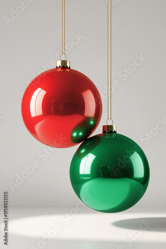 Red and Green Christmas Balls Hanging on Gray Background - Festive Xmas Ornament
