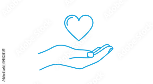 A simple blue line drawing depicts a hand gently holding a heart shape above high quality
