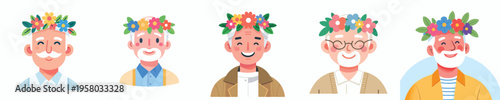 half body vector of happy grandpa wearing flower crown in spring