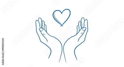 A simple line drawing depicts two hands cupping and protecting a heart symbol high quality professional