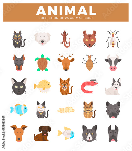 colorful. flat animal icons on white background.