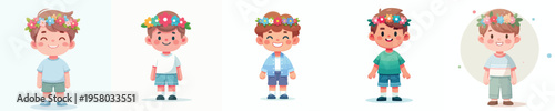 vector of happy little boy standing wearing flower crown in spring