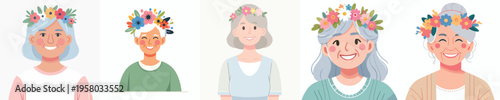 half body vector of happy grandma wearing flower crown in spring