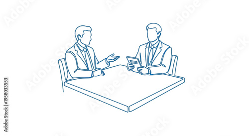 Two businessmen are engaged in a conversation across a table depicted in a simple line drawing