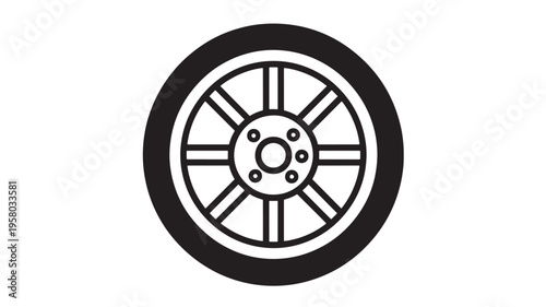 Car wheel icon with a circular black tire and silver spokes, isolated on white background featuring rim, transportation, vehicle part with automotive