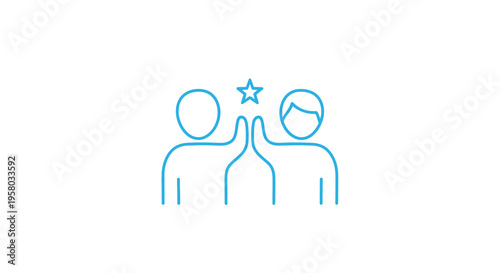 Two figures with raised hands reaching for a star depicted in a simple blue outline