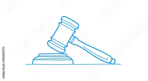 A simple blue line drawing depicts a gavel resting on a sound block high quality professional