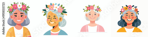 half body vector of happy grandma wearing flower crown in spring