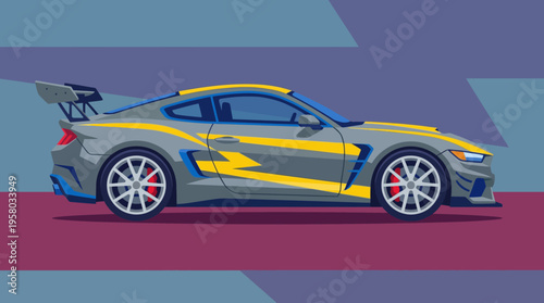 A sleek, modern grey sports car with vibrant yellow and blue racing stripes, featuring a large spoiler and custom wheels, set against an abstract geometric background.