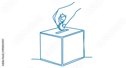 A simple blue line drawing depicts a hand dropping a coin into a donation box