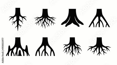 A collection of eight distinct black silhouette illustrations showcasing various tree root systems and underground plant structures, ideal for graphic design.