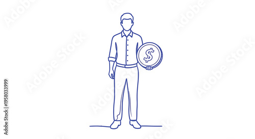 A simple line drawing depicts a man holding a large coin with a dollar sign