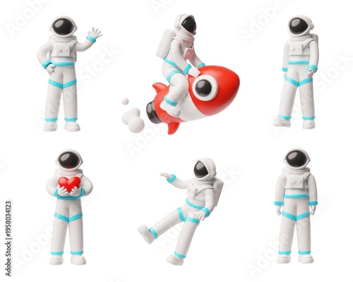 Astronaut soaring in weightlessness, flying on a rocket, holding heart, waving his hand 3D cartoon style vector set