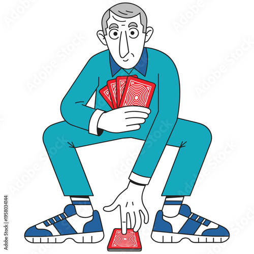 Cartoon illustration of an elderly man crouching and holding tarot cards while touching a card on the floor