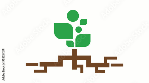 A minimalist graphic illustration of a green plant with intricate brown roots on a white background, symbolizing growth and nature.