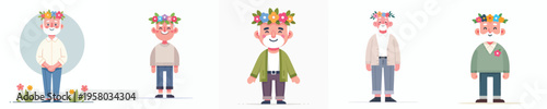 vector of happy grandpa standing wearing flower crown in spring