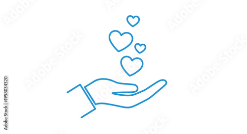 A blue line drawing depicts a hand gently holding several floating heart shapes high quality professional
