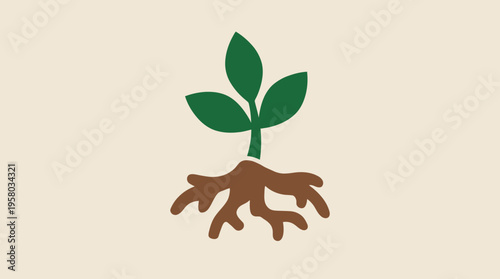 Stylized illustration of a green plant with three leaves and brown roots on a light beige background, symbolizing growth and nature.