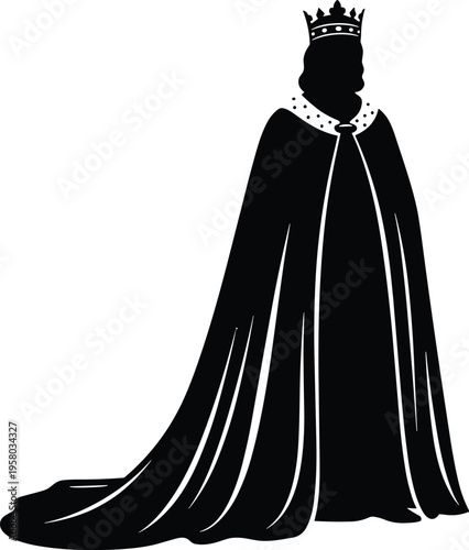 Black Silhouette Of Medieval King Wearing Crown And Long Flowing Royal Robe, Imperial Monarch Figure, Flat Vector Illustration Isolated
