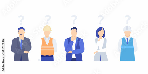 Diverse group of people pondering with question marks above their heads