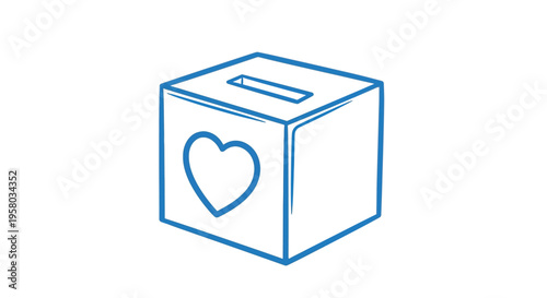 A simple blue line drawing depicts a donation box with a heart shape on its side