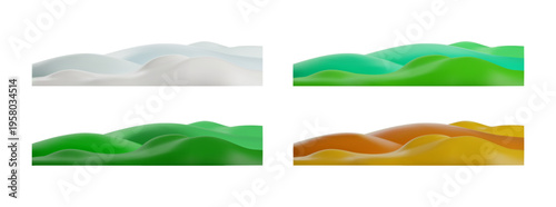 Playgrounds summer, spring, winter, autumn seasons 3D plastic style vector set, Cartoon volumetric field or lawn land