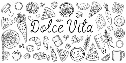 An illustrative arrangement of various foods and sweet treats