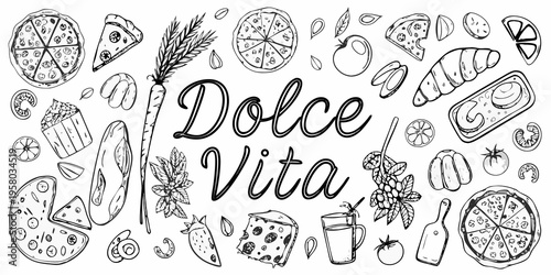 Hand drawn illustration of various foods including pizza pastries and fruits
