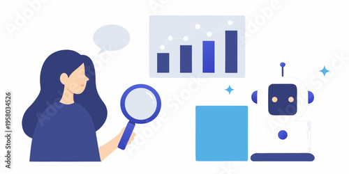 Woman analyzing data with a robot assistant and data visualization