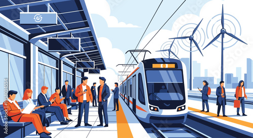 Modern Train Station with Commuters and Wind Turbines.