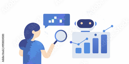Data analysis with ai a woman examines insights from a robot