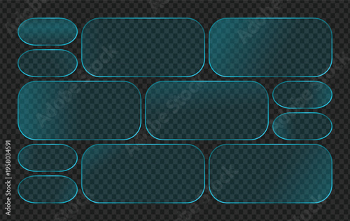 Set of cyan neon glowing UI frames and futuristic glass buttons.