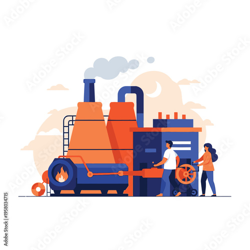 Industrial Factory with Workers Operating Machinery.