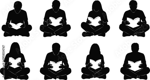 Black Silhouette Set Of People Sitting And Reading Books, Students Learning In Cross Legged Pose, Education Flat Vector Illustration