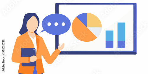 A woman presenting data analysis with a pie chart and bar graph