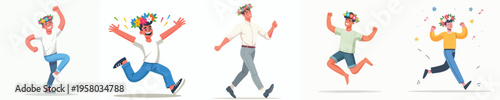 vector of a man dancing happily wearing a flower crown during spring