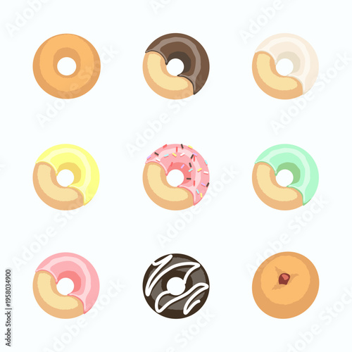 Colorful Set of 9 Delicious Glazed Donut Vector Illustrations (Flat Pop Style)