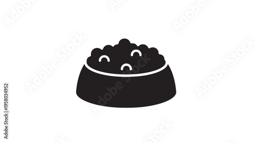 Bowl of pet food icon with kibble and crescent shapes inside on a white background, simple solid black illustration.