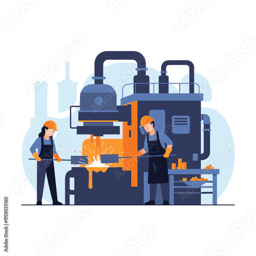 Industrial forging process with workers operating heavy machinery.
