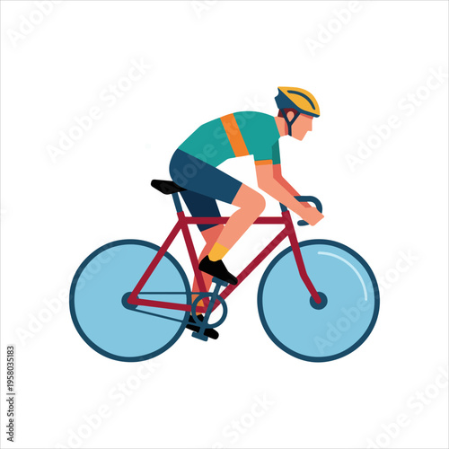 Male cyclist riding a red bicycle with blue wheels.