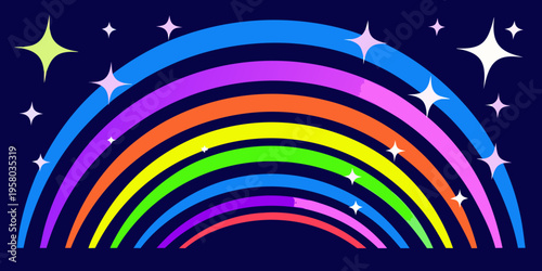 A vibrant rainbow arches across a dark navy blue night sky