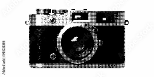 A vintage rangefinder camera depicted in a halftone style illustration