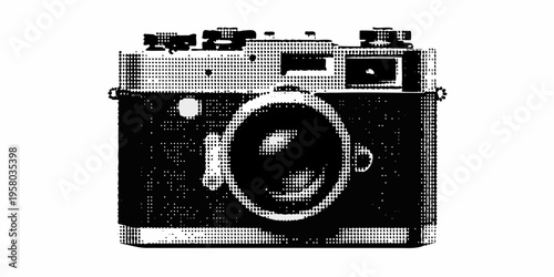 Vintage rangefinder camera illustration in stark black and white tones