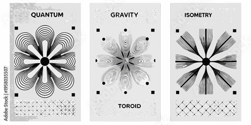 Abstract triptych featuring quantum gravity and isometry concepts in floral designs