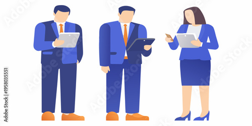 Three business professionals stand and hold digital devices discussing work