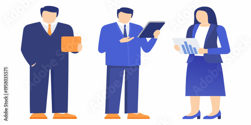 Three business professionals collaborating and presenting data in a modern style