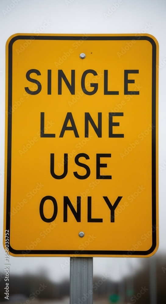 Fototapeta premium Yellow Warning Sign Single Lane Use Only Traffic Directional