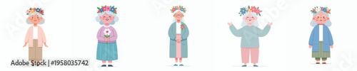 vector of happy grandma standing wearing flower crown in spring