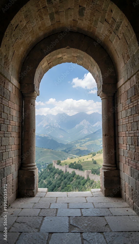 Obraz premium Stone Archway Framing Scenic Mountain Landscape View From Historic Building