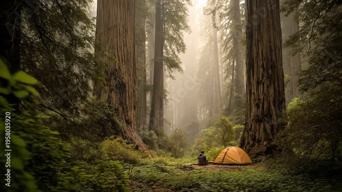 Tent nestled among towering redwood trees.